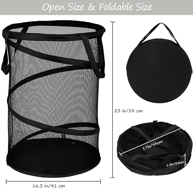 BATTOO Black X-Large Collapsible Laundry Basket Foldable Mesh Pop Up Hamper with Handles for Laundry Room, Bathroom, Kids Room, College Dorm, Travel, Camping, Gift Basket