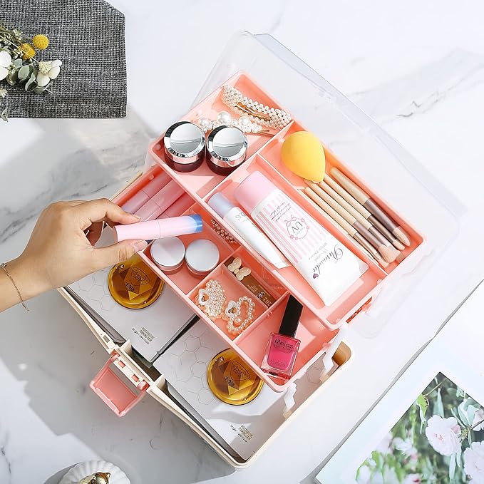 2PCS 12'' Three-Layer Clear Plastic Storage Box/Tool Box, Multipurpose Organizer and Portable Handled Storage Case for Art Craft and Cosmetic (White)