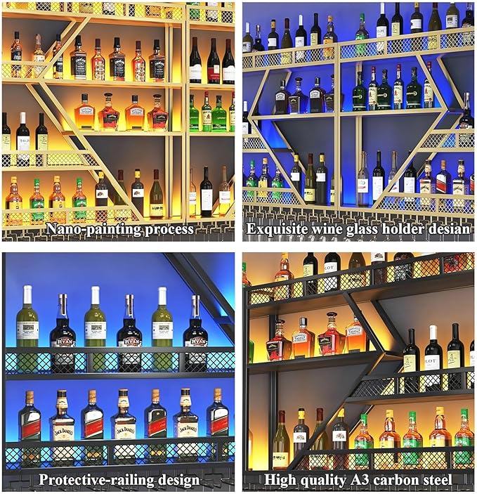 94.48in Metal Wine Rack Wall Mounted, Modern Wine Storage Rack Wall Mounted with Wine Glass Holder, Liquor Shelf, Bar Shelves for Liquor Bottles (3TIERS Gold, 94.48 * 7.87 * 33.85INCH)