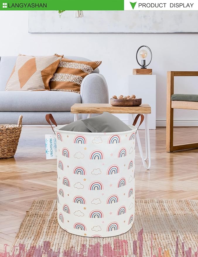 LANGYASHAN Laundry Basket Canvas Fabric Collapsible Organizer Basket for Storage Bin Toy Bins Gift Baskets Bedroom Clothes Children Nursery Hamper (Round Cloud Rainbow)