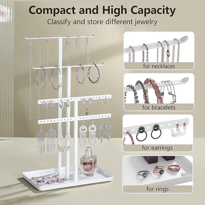 Jewelry Stand Organizer for Necklace Earring - 14.5" Sturdy Metal, 3-TierJewelry Holder for Bracelet, Ring Display and Storage, White