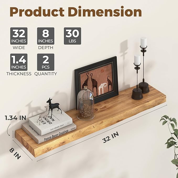 Axeman 32 inch Floating Shelves for Wall - 8'' D Live Edge Rustic Solid Elm Wood Floating Shelves Wall Mounted, Wall Shelves with Invisible Bracket for Living Room Bedroom Kitchen, Set of 2 Natural