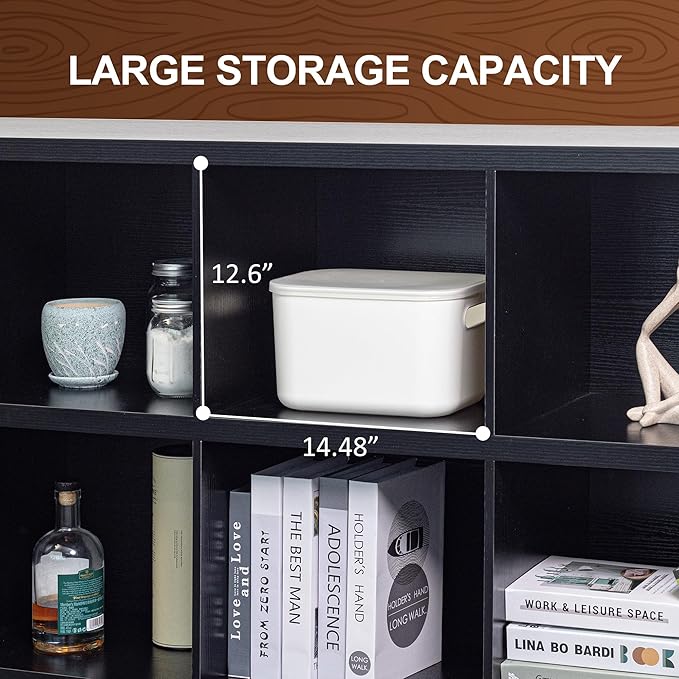 8 Cube Storage Organizer Bookshelf, Industrial Horizontal Bookcase, Accent Cubby Shelf, Media Console Table for Living Room, Home Office, 13.6" D x 63" W x 30.9" H, Black