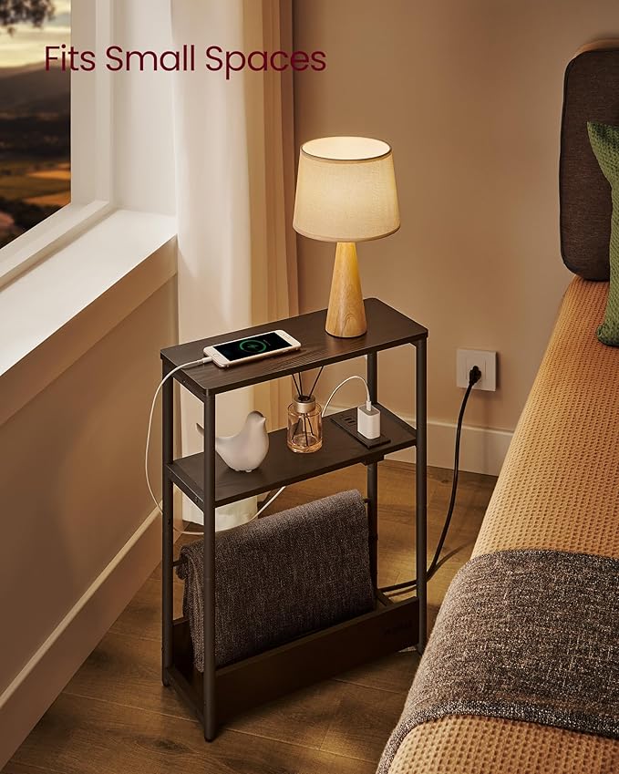 VASAGLE Side Table with Charging Station, Narrow End Table, 3-Tier Nightstand, Sofa Table for Small Spaces, Magazine Rack, for Living Room, Bedroom, Study, Ebony Black and Ink Black ULET335B01