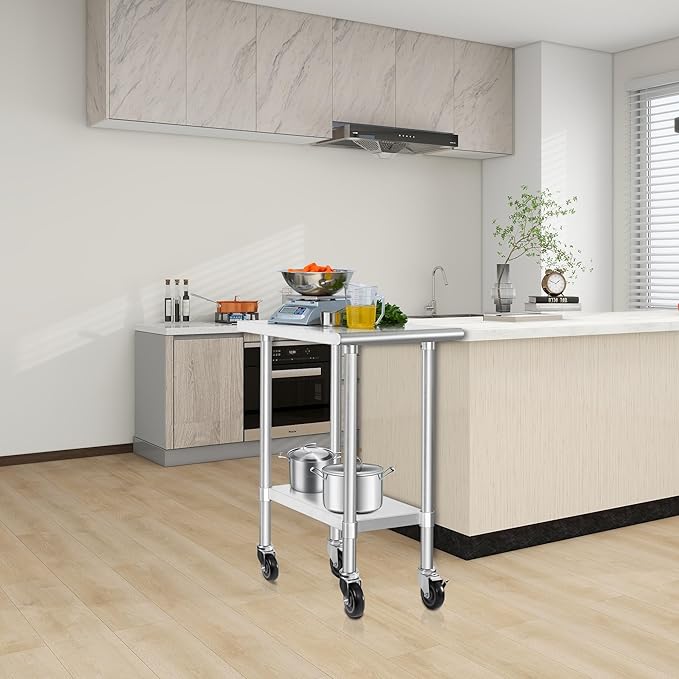 HARDURA Stainless Steel Commercial Table Prep & Work Table with Casters Heavy Duty Metal Table with Wheels NSF 430 30×18 Inches
