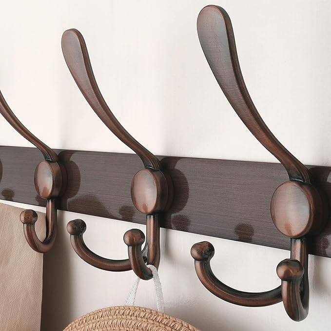 Dseap Wall Mounted Coat Rack - 5 Tri Hooks, Heavy Duty, Stainless Steel, Metal Coat Hook Rail for Coat Hat Towel Purse Robes Mudroom Bathroom Entryway (Antique Copper, 2 Packs)