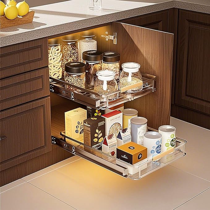2 Pack Expandable Pull Out Cabinet Organizer，Side Mounting 12.3~18.5"x22.5"Cabinet Pull Out Shelves, Expandable Slide Out Spice Rack for Kitchen Bathroom Office
