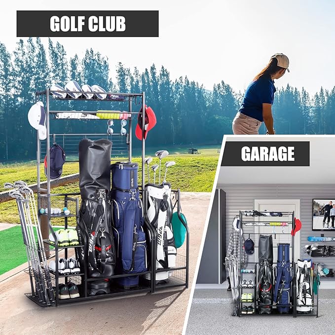Mythinglogic Golf Bag Storage Garage Organizer,2 Golf Bags Storage Stand and Golfing Equipment Accessories Storage Rack with 4 Removable Hooks, Extra Golf Clubs Display Rack