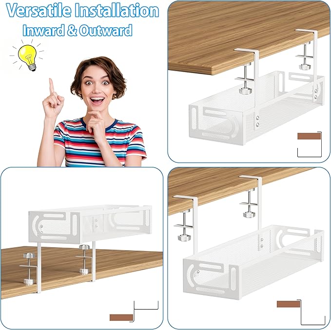 No Drill Under Desk Cable Management Tray, SONATURE 25.3" Cord Organizer for Table, Clamp Mount Desk Cable Management, Premium Carbon Steel Cable Organizer for Office, Home (White)