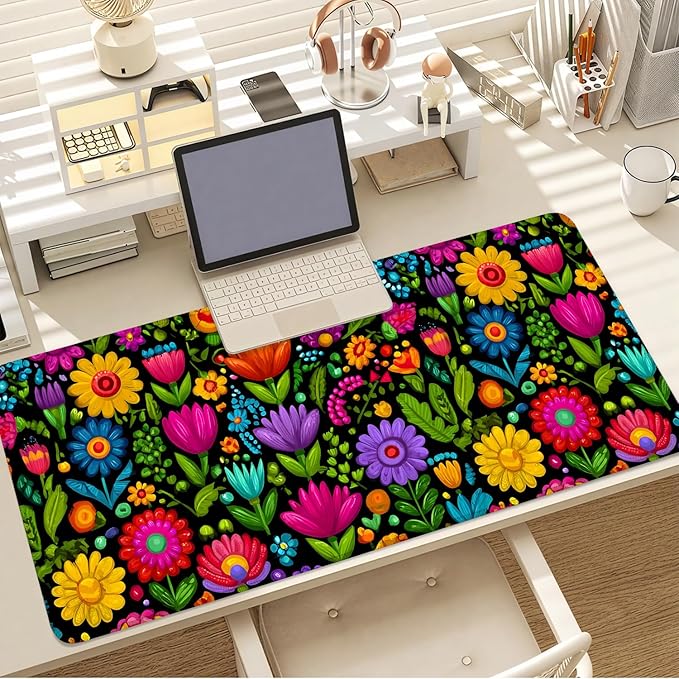 Folk Art Floral Mouse Pad – Large Extended Desk Mat 35.43 x 15.75 in – Colorful Boho Flowers on Black Background, Waterproof Surface, Non-Slip Rubber Base, Oversized Mouse & Keyboard Pad