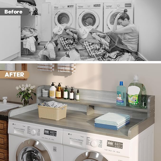 2-Tier Washer Dryer Countertop with 2.75" H Edge Rails, 58" W x 28" D Laundry Countertop for Folding Clothes, Washer and Dryer Topper with Non-Slip Pad (Stripe Gray)