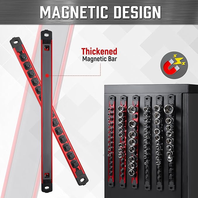 ALOANES Magnetic Socket Organizer 3/8-Inch Drive, Socket Rail Organizer Heavy Duty Aluminum, 360° Swivel Clips Socket Holder Kit, 3/8-Inch Socket Holder x 14 Clips (Red)