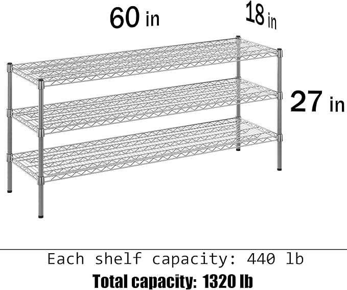18" Deep x 60" Wide x 27" Height Wire Shelving Kit | 3-Tier | NSF Commercial Storage Rack Unit