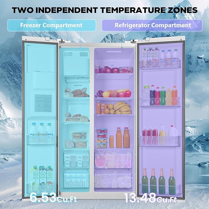 20 Cu.ft. Large Refrigerator Fridge, 2 French Door Stainless Steel with Water Dispensor, Ice Maker for the Kitchen, Home