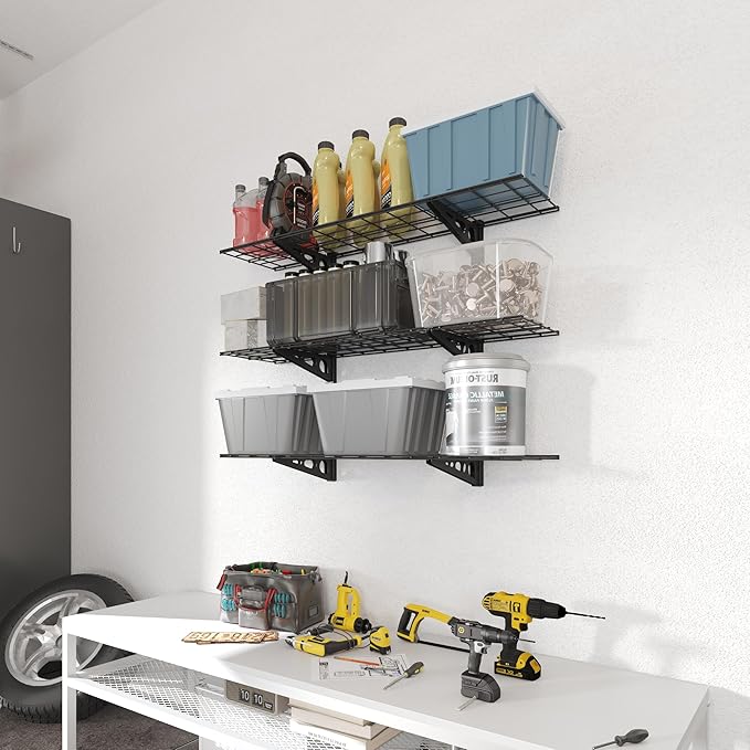 FLEXIMOUNTS 3 Tier 1x4ft Garage Storage Wall Shelving, 12x48inch per Shelf Height Adjustable Floating Shelves, 450lbs Total Weight Capacity, Black, Classic Series