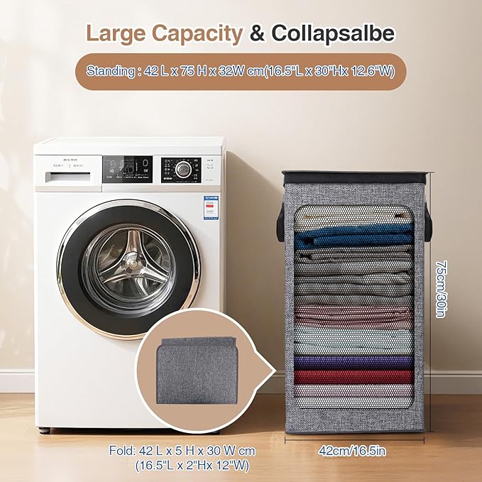 Collapsible Laundry Hamper with Lid 100L, Large Laundry Basket with Removable Mesh Bag for Bedroom, Bathroom,Closet, Dorm(Grey)