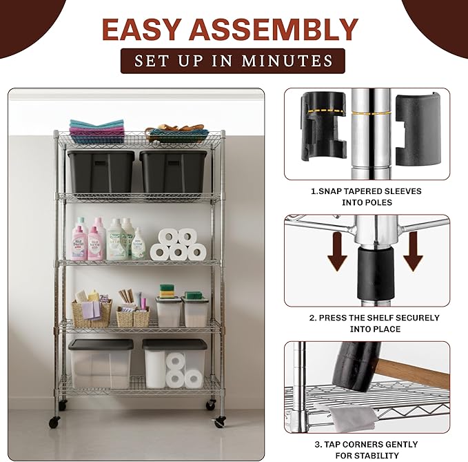 5-Tier NSF-Certified Steel Storage Shelves Rack - Garage Shelving Heavy Duty Metal Shelves for Storage - Adjustable Wire Shelving Unit w/ Wheels Shelf Commercial Shelving for Garage, Kitchen & Office