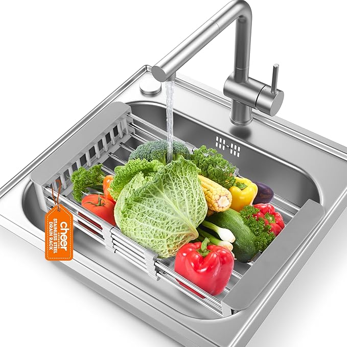Cheer Collection Sink Drying Rack - Over The Sink Retractable Sink Strainer and Drainer for Washing Dishes, Fruits, Vegetables - Fits Kitchen Sinks up to 18" Inches