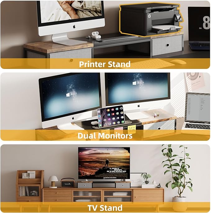 Dual Monitor Stand Riser with 2 Drawers - 39Inch Large Storage Computer Monitor Stands for 2 Monitors, Wooden Desktop Organizer Perfect for Home Office Desk, Computer, Laptop, TV