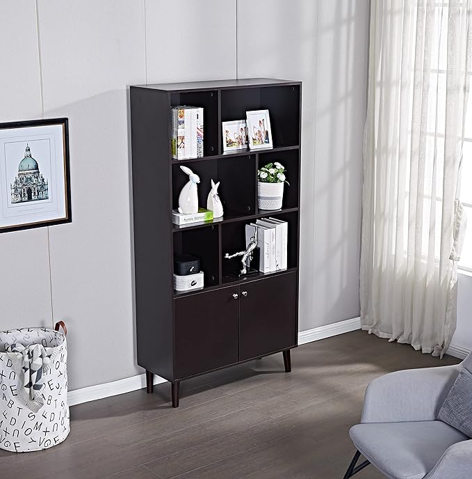 67 in Bookcase with Doors, 3-Tier Bookshelf Farmhouse Bookcases Wooden Deep Bookshelves Storage Cabinet Organizer for Living Room, Study, Kitchen, Home Office,Coffee