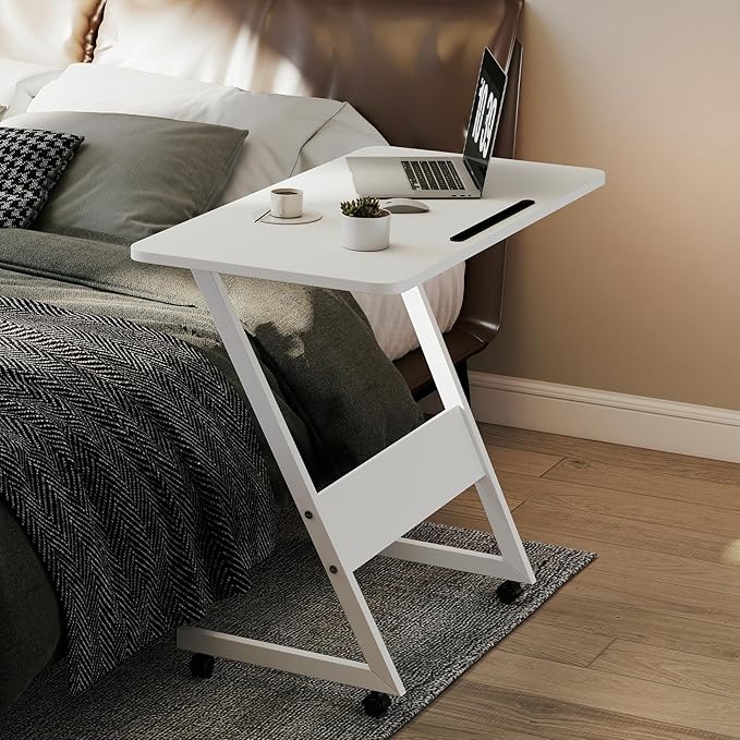 Overbed Bedside Table with Wheels,Small Desk Portable Rolling,Overbed Table Home Use,Movable Desk(White)