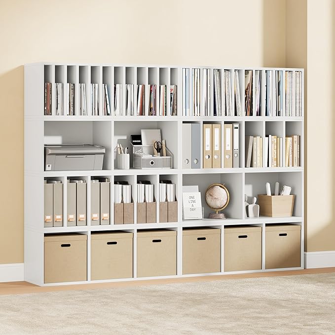 IOTXY DIY Modular Cube Bookcase - CubeXY Customizable Stackable Expandable Combination Set, 23-Cube Open Bookshelf for Books, Fabric Storage Bin, and Vinyl Record Organizer, White