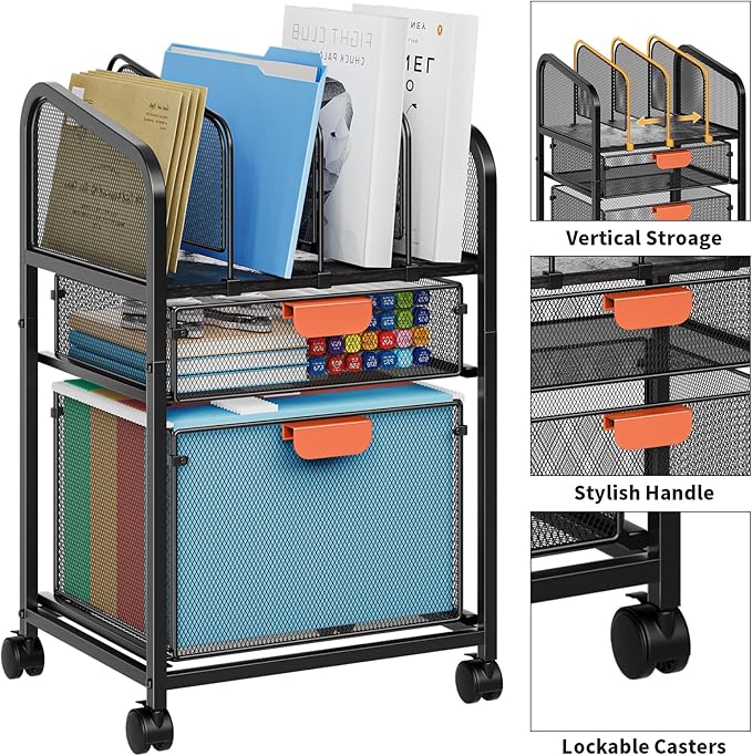Marbrasse Rolling File Cart with Adjustable Dividers, Mobile File Cabinet on Lockable Wheels, Office Filing Cabinet Organizer, Hanging File Folder Organizer for Home Office - Black