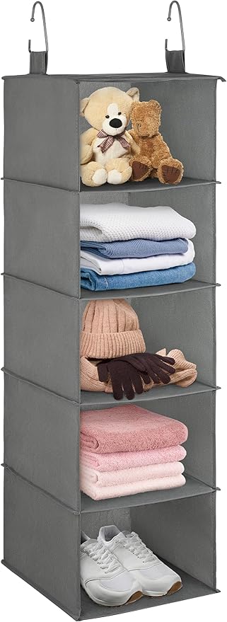 Libeder 5-Shelf Hanging Organizer with Drawers, Closet Hanging Organizers and Storage Shelves with 6 Side Pockets,Collapsible Closet Hanging Shelves for Clothes, Underwear, Nursery, Closet, RV(Grey)