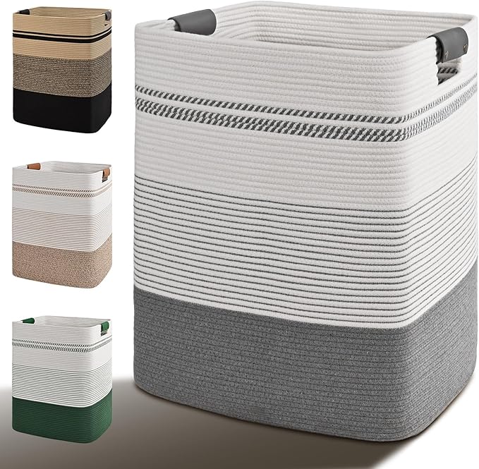Laundry Hamper, 85L Tall Laundry Basket with Leather Handles, Rectangle Large Clothes Hamper for Organizing, Cotton Woven Laundry Baskets Storage Hampers for Bedroom, Nursery, Living Room