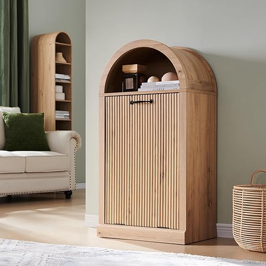 Arched Tilt-Out Trash Can Cabinet, Fluted 10 Gallon Trash Can Cabinet Set of 2, Modern Laundry Hamper, Hidden Garbage with Storage Basket for Kitchen, Living Room, Natural