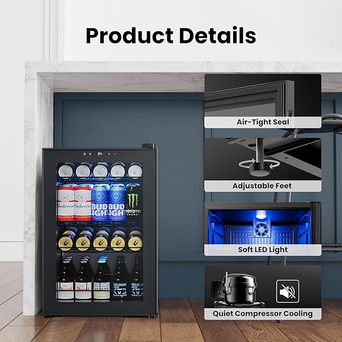 Yeego Beverage Refrigerator Cooler, 85 Cans Drink Mini Fridge with Glass Door for Soda Beer or Wine, Beverage Cooler with 34°F-54°F Digital Temperature Control for Home, Office, Bar