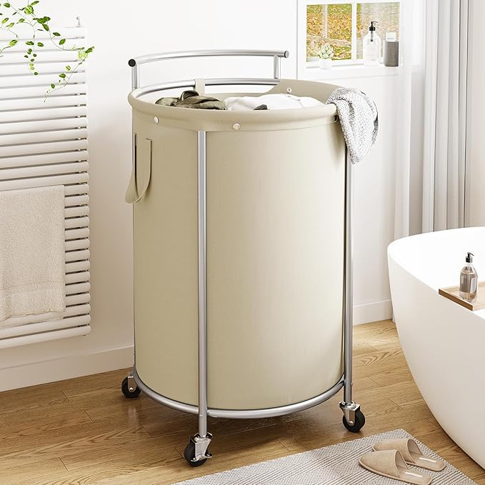 Chrislley 160L Double Laundry Hamper with Wheels, Rolling Laundry Basket with Removable Bag,Round Iron Laundry Cart with Steel Frame and Handle, Dirty Clothes Hamper Organizer for Dorm,Hoom(Beige)