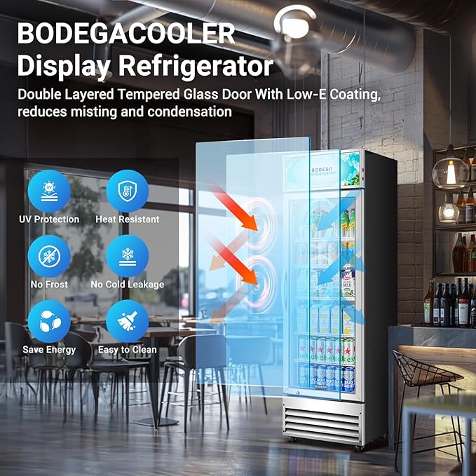 BODEGACOOLER Commercial Merchandiser Refrigerator, 12.5 Cu.Ft Glass Door Display Refrigerator, Upright Beverage Cooler with Soft LED Light, Adjustable Shelves, 4 Strong Castors(Stainless Steel)