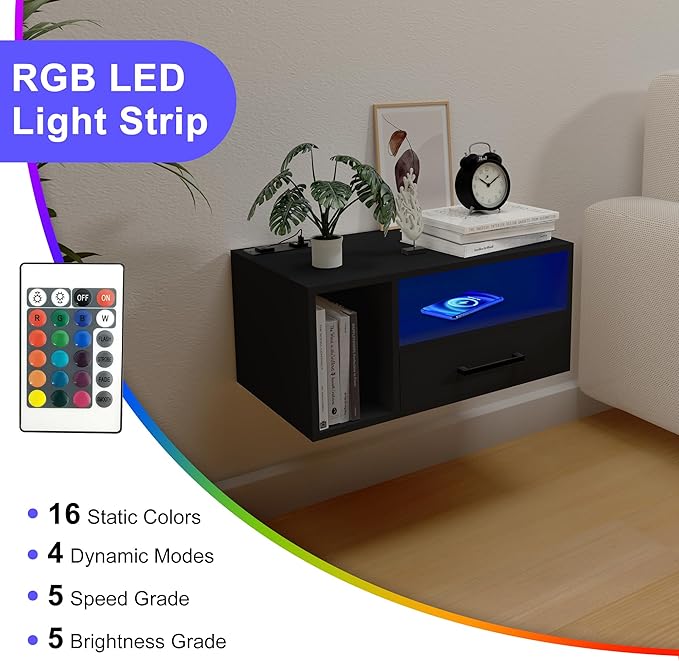 Homaterial Floating Nightstand with Charging Station and LED Lights, Floating Bedside Table with Drawers Wall Mounted Nightstands,for Bedroom Room, 21.3" x 11.8" x 10",Black