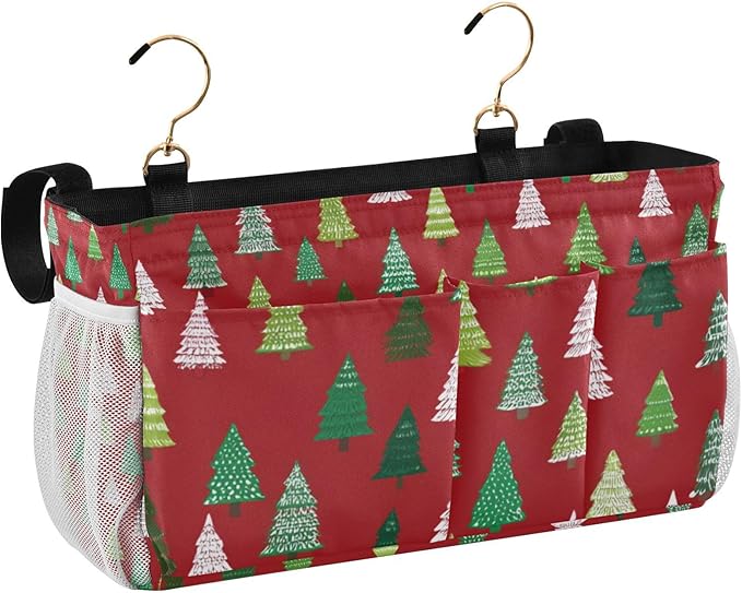 Christmas Trees White Green Bedside Caddy for Dorm Bed Bedside Hanging Caddy Bag Iron Frame Storage Organizer Pocket for Bunk Home College Hospital Beds 2 Hooks