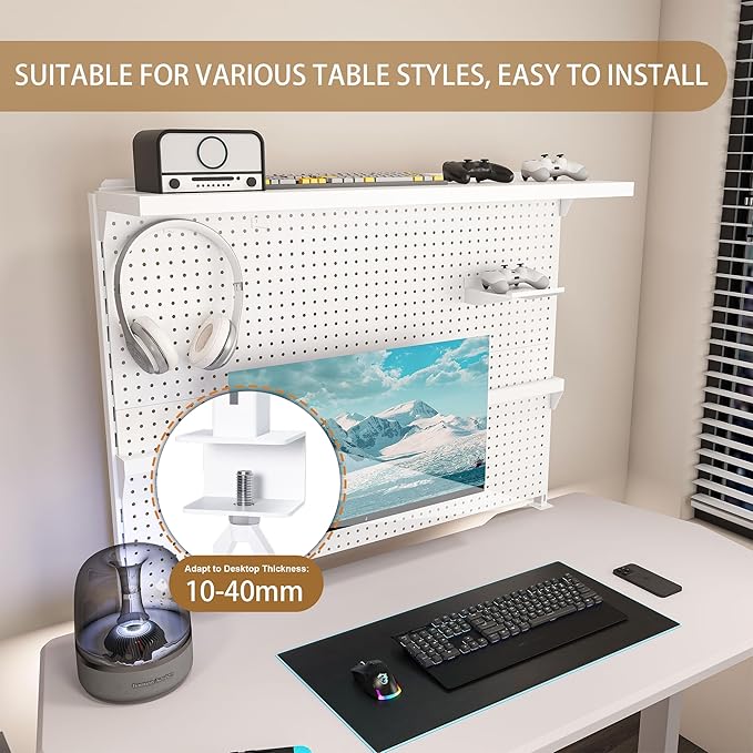 KEIKI Clamp-On Desk Pegboard with Single Monitor Stand, 43" x 35" Steel Peg Board Office Organizer with Hooks, Movable Panel & Shelf for Office Supplies, Gaming Setup & Desk Organization, White