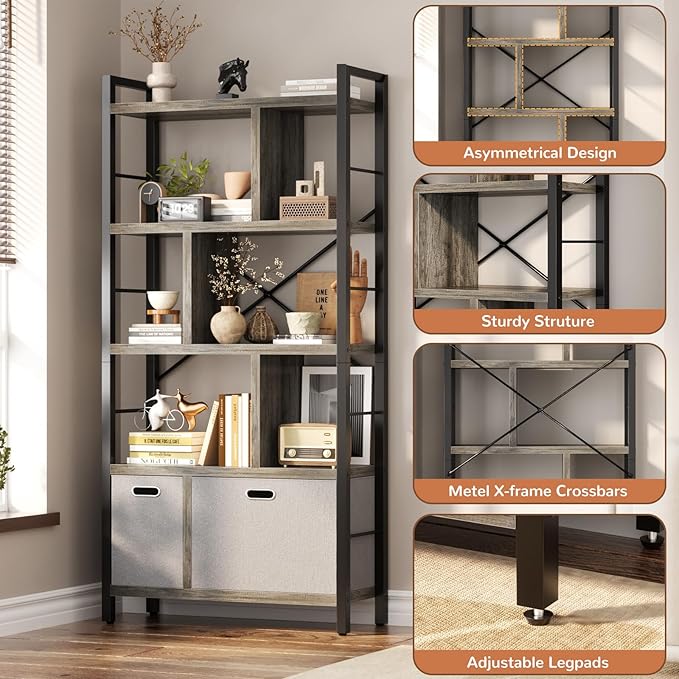Armocity Bookshelf with Drawers - 5 Tier Tall Bookcase Geometric Modern Book Shelf Display Standing Bookshelves with Storage for Living Room, Bedroom Home Office, Grey Oak