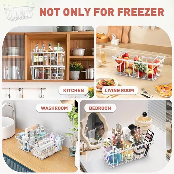 Goovilla Freezer Organizer Bins with Foldable Handle, 8 Pack Stackable Freezer Baskets for 3.5-7 Cu.FT Deep Chest Freezer Organization, White Metal Freezer Storage Bins with Better Space Utilization
