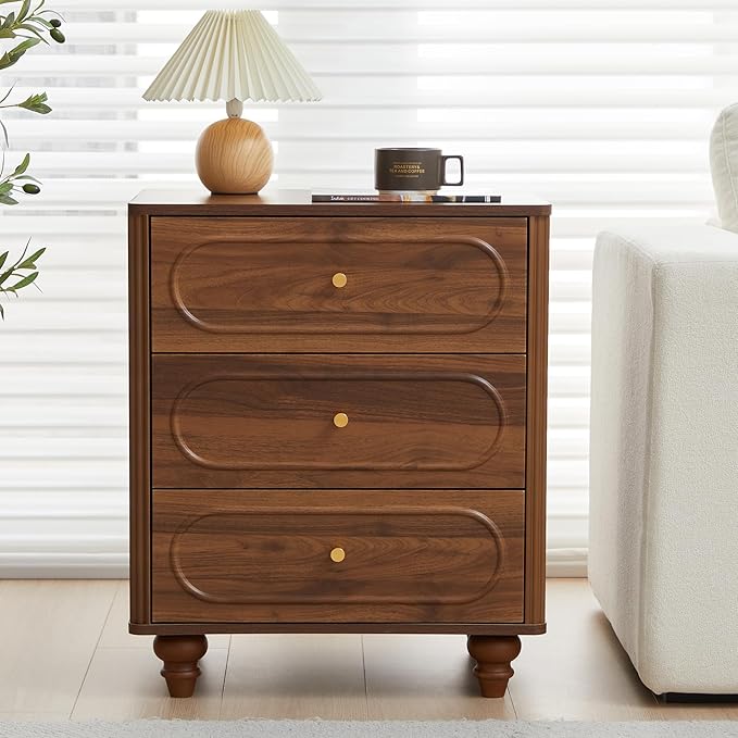 3 Drawer Fluted Dresser for Bedroom Set of 2, Mid Century Modern Chest of Drawers, Wood Storage Small Dresser Organizer for Bedroom Living Room Hallway Closet, Walnut