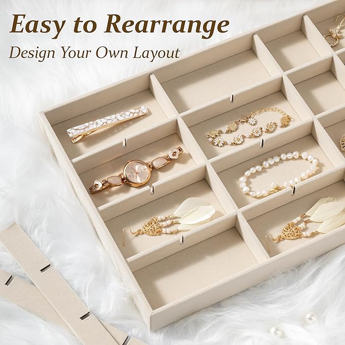 pickpiff Drawer Jewelry Organizer & Display Trays: 2pcs 24grid Velvet Stackable Jewelry Case (13.8x9.4x1.2inch) - Soft Beige Ring Storage Bracelet Holder Earring Box