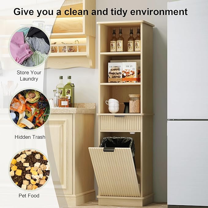Natural Tilt Out Laundry Hamper Tall Bathroom Storage Cabinet Hidden Laundry Hamper Cabinet with Drawers and Baskets for Bathroom Hamper with Storage for Bedroom,16x16x59in