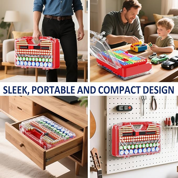 Battery Organizer Storage Holder Box Case with Tester - 285 Batteries Double-Sided Variety Pack, Holds AA AAA 4A C D Cell 9V 3V Lithium LR44 CR2 CR123 CR1632 18650 Button