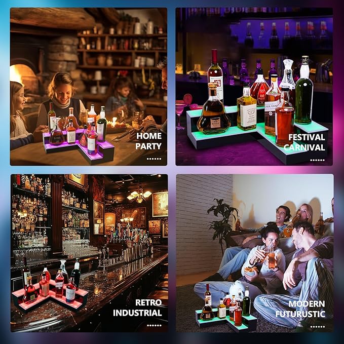 Corner Led Lighted Liquor Bottle Display Shelf, 20 Inch 2 Tier Whiskey Rack, Support USB, Bar Stand with RF Remote & App Control, Illuminated Acrylic Lighting Shelves for Home Bar, Party