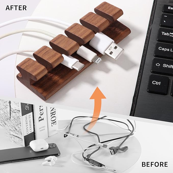 Walnut Wood Cord Holder – 5 Slots Cable Organizer with Adhesive Tape, Desk Wire Management for USB, Charging, HDMI, and Type-C Cables (5 Slot)
