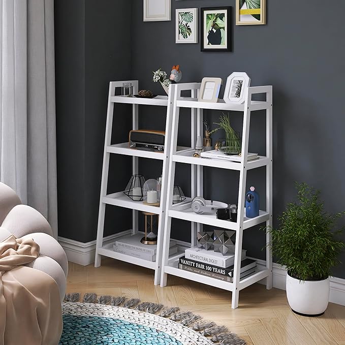 SMIBUY Bamboo Ladder Bookcase, Bathroom Storage Rack Organizer, 4 Tier and 5 Tier Freestanding Plant Display Stand Space Saver Shelves for Bedroom, Kitchen, Balcony (White, 4 Tiers (39" H))