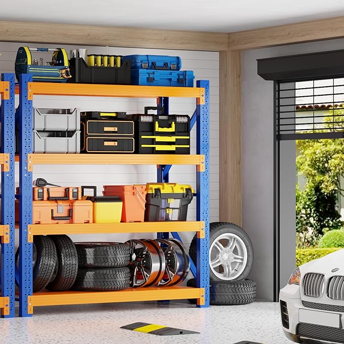 5000LBS Heavy Duty Garage Shelving 59" W Garage Storage Shelves 4-Tier Metal Adjustable Shelf Unit Storage Rack for Basement Supermarket Warehouse 59" W x 24" D x 78" H Blue-Orange