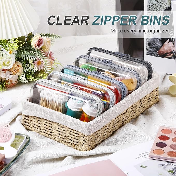 Sanwuta 6 Pcs Clear Hard Zipper Case Hard Plastic Zipper Pouches Transparent Makeup Bag Pencil Pouches for Travel Snacks Christmas Trinket Storage Organizer Box(Blue-green,7.48 x 3.94 x 2 Inch)