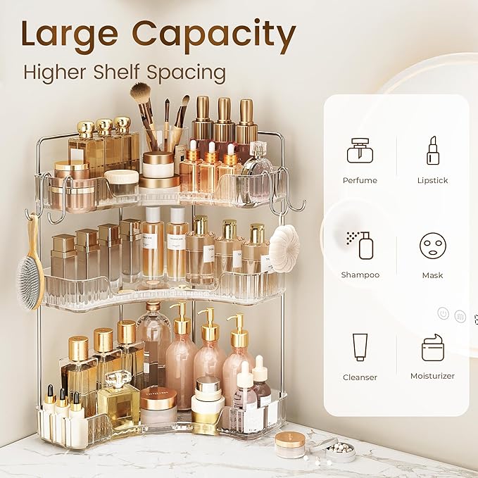 Corner Bathroom Counter Organizer 3-Tier Bathroom Organizer Countertop with Hooks Perfume Organizers Storage Shelf for Makeup & Skincare Dresser-Clear