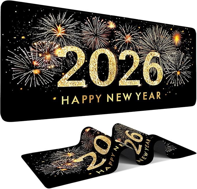 2026 Happy New Year Gaming Mouse Pad 35.4"x15.7"Desk Mat Anti-Slip Rubber Base & Durable Stitched Edges for Gamers Smooth Mouse Writing Surface for Desk Office/Home