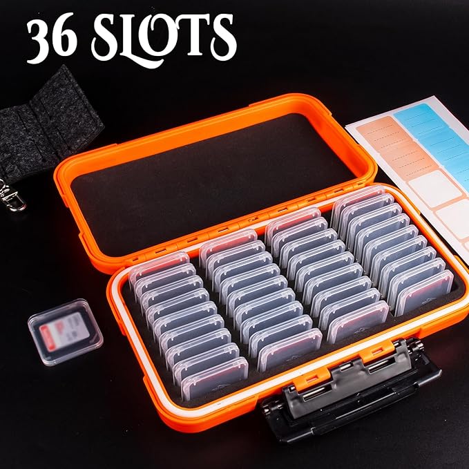 36 Slots Memory Card Case Orange with 36 Transparent Holders & 40 Writable Labels, SD Card Storage Case & Organizer for Camera Memory Cards